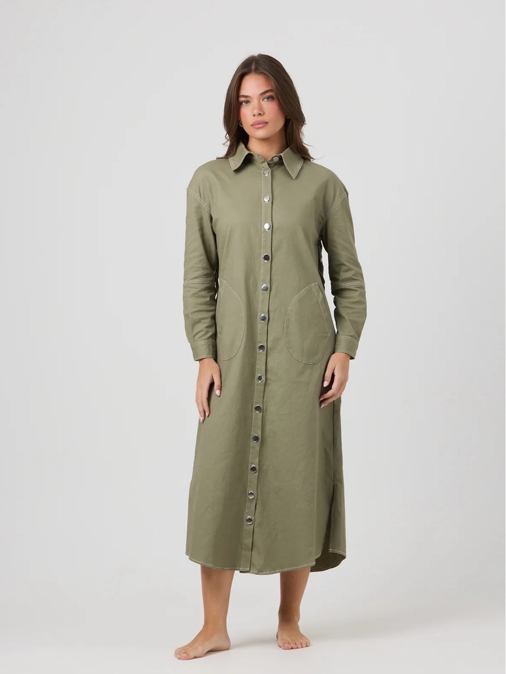 NWT by Tess Collection Sienna Dress, Long Sleeve Olive Button-Front Midi Dress